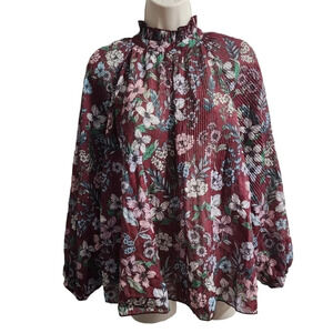 TOPSHOP Floral Ruffle Neck Blouse Dark Red Size 8